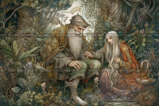 Artistic scene from a Russian folk tale. In the center of the composition are an old man with a long gray beard and a young girl with long blond hair, sitting in the forest among dense vegetation. The old man is dressed in traditional clothes, richly decorated with patterns, and holds a staff in his hand. The girl is dressed in a long dress with floral motifs, sitting next to her with her head bowed. There are lush plants and trees around them, creating the atmosphere of a magical forest. Стоковое AI-изображение, AI-художник Анна Кривицкая / Фотобанк Лори