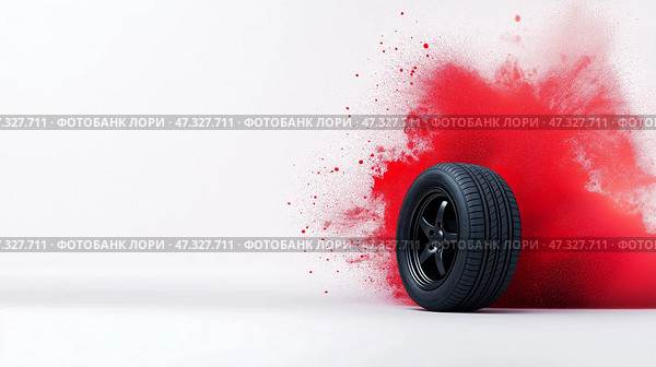 Artistic splash of red paint with a stylish black tire on a white background. Черная шина прислонена к белой стене, а позади нее красуется взрыв красной краски, создавая динамичный контраст и энергичный настрой. Эта креативная экспозиция эффективно привлекает внимание. Стоковое AI-изображение, AI-художник Katsiaryna Repich / Фотобанк Лори