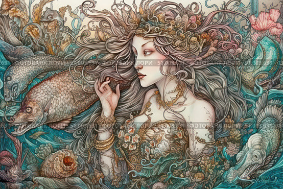 Artistic watercolor illustration of a sea goddess or mermaid surrounded by fantastic fish and underwater plants. Her image combines tenderness and strength, and rich decorative elements and intricate detailing create a sense of ancient magic and a fabulous underwater world. The illustration is made in a fantasy style with elements of Art Nouveau. Ideal for decorating books, collectible cards, posters, art projects and designer products. Стоковое AI-изображение, AI-художник Анна Кривицкая / Фотобанк Лори