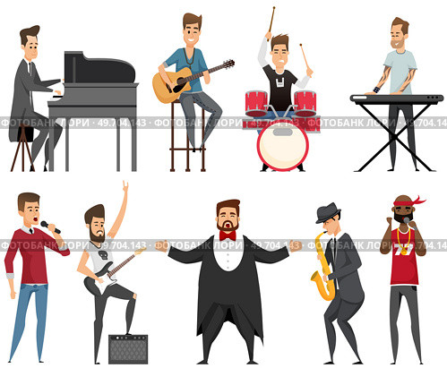 Artists playing music instruments and singing on stage concert series of musicians cartoon vector characters set. Opera vocalist, jazz band singer, guitarist, drummer, pianist and saxophonist. Artists playing music instruments and singing on stage concert series of musicians cartoon vector. Стоковая иллюстрация, агентство Ingram Publishing / Фотобанк Лори