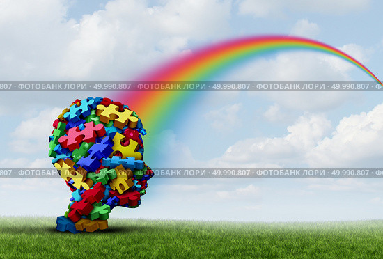 Asperger syndrome as a developmental mental disorder with nonverbal communication behavior as a child mind with a hope rainbow of therapy and treatment success as a 3D illustration. Стоковое фото, агентство Ingram Publishing / Фотобанк Лори