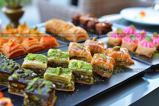 Assorted gourmet pastries on display. Стоковое AI-изображение, AI-художник Иван Рябоконь / Фотобанк Лори