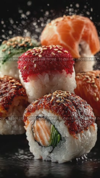 Assorted sushi rolls with sesame and roe in dramatic fiery background scene. Стоковое AI-видео, аниматор Александра Рублева / Фотобанк Лори
