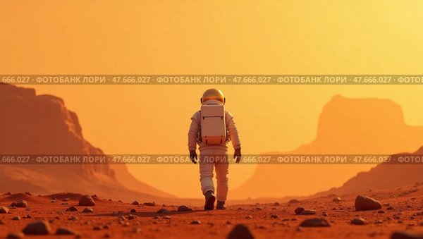 Astronaut exploring martian landscape. Стоковое AI-изображение, AI-художник Андрей Бакусов / Фотобанк Лори