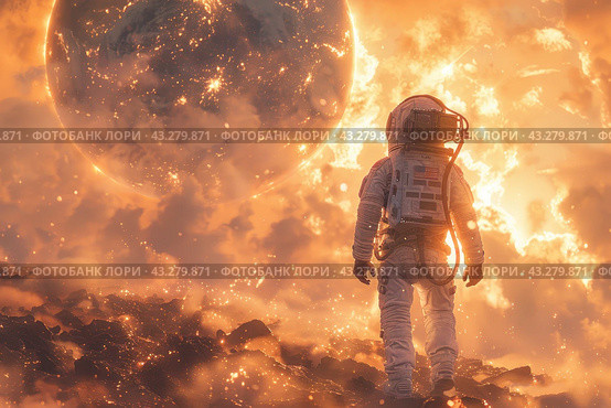 Astronaut in a full space suit standing on a rocky landscape under the light of a huge celestial body like a planet or star. The luminary emits a bright orange-golden light, creating a glowing effect and illuminating the clouds and landscape around it. The astronaut looks small against the backdrop of this majestic celestial phenomenon, which emphasizes the scale and grandeur of outer space. The image symbolizes the exploration of new worlds, technological progress and the greatness of the Universe. Стоковое AI-изображение, AI-художник Анна Кривицкая / Фотобанк Лори