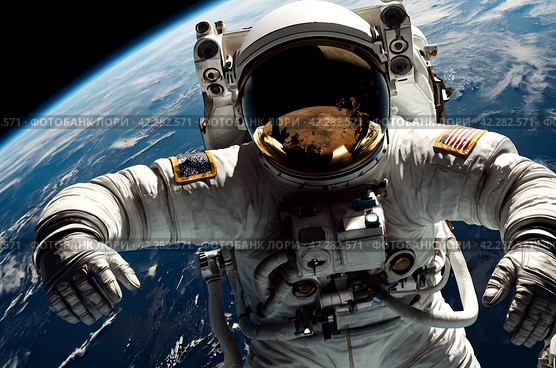 Astronaut on a spacewalk against earth backdrop. Space explorer in a white suit hovers above earth, capturing the vastness of space. Стоковое AI-изображение, AI-художник Aleksandr Golubev / Фотобанк Лори