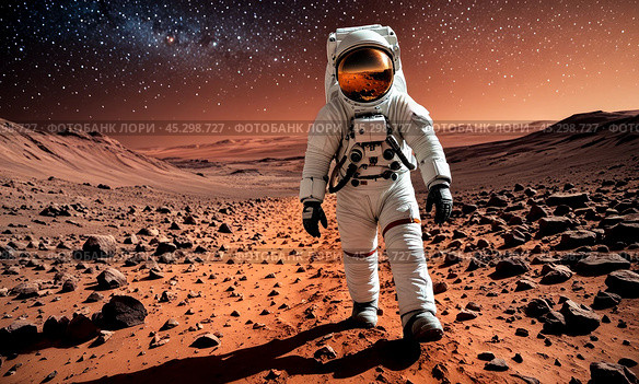 Astronaut on Mars surface, red rocks around, starry sky above, exploration of new worlds, human reaching alien planets. Стоковое AI-изображение, AI-художник Павел Муравьев / Фотобанк Лори