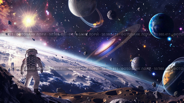 Astronaut stands on a moon, overlooking a breathtaking vista of planets, stars, and a colorful nebula against the cosmos, as a dusk-like glow bathes space. Стоковое AI-изображение, AI-художник Данила Большаков / Фотобанк Лори