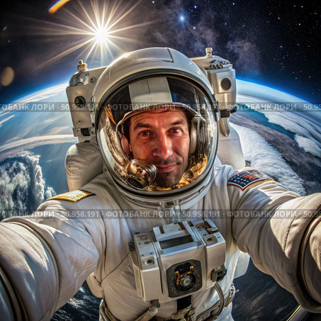 Astronaut Takes Self During Spacewalk With Earth And Sun In Background. Generative AI. Стоковое AI-изображение, AI-художник Roman Zavorotny / Фотобанк Лори