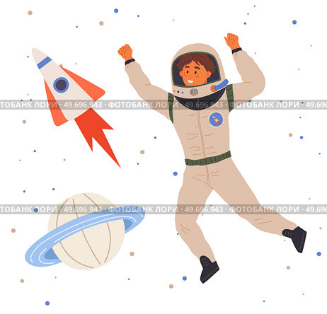 Astronaut travels in intergalactic space. Man on spaceship flies in solar system. Fantastic transport of explorer in space. Spaceman flying among rocket and stars. Sky landscape with celestial objects. Astronaut travels in intergalactic space. Man, spaceman on spaceship flies among rocket and stars. Стоковая иллюстрация, агентство Ingram Publishing / Фотобанк Лори