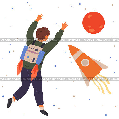 Astronaut travels in intergalactic space. Man on spaceship flies in solar system. Fantastic transport of explorer in space. Spaceman flying among rocket and stars. Sky landscape with celestial objects. Astronaut travels in intergalactic space. Man, spaceman on spaceship flies among rocket and stars. Стоковая иллюстрация, агентство Ingram Publishing / Фотобанк Лори