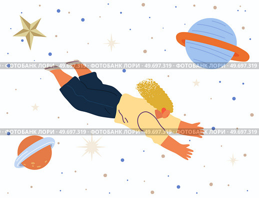 Astronaut woman flying among planets in dreams. Lady dressed as spaceman dreams about space. Girl with self made jetpack flying to sky. Person in costume of space explorer. Astronaut woman flying among planets in dreams. Lady dressed as spaceman dreams about space. Стоковая иллюстрация, агентство Ingram Publishing / Фотобанк Лори