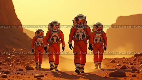 Astronauts exploring martian landscape at dusk. Стоковое AI-изображение, AI-художник Андрей Бакусов / Фотобанк Лори
