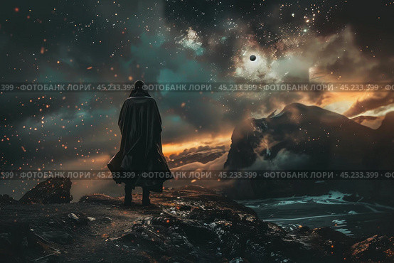 Astronomer standing on mountain top observing solar eclipse in night sky. Стоковое AI-изображение, AI-художник Иван Рябоконь / Фотобанк Лори