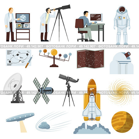 Astronomy Research Equipment Flat Icons Collection . Astronomy study research equipment flat icons collection with radio telescope spacecraft and astronaut space suit isolated vector illustration. Стоковая иллюстрация, агентство Ingram Publishing / Фотобанк Лори