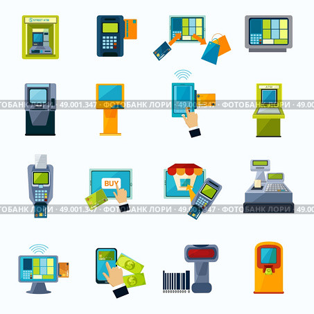 atm payment flat icons set. Automated payment machine flat icons set with bank credit card money withdrawal system abstract isolated vector illustration. Стоковая иллюстрация, агентство Ingram Publishing / Фотобанк Лори