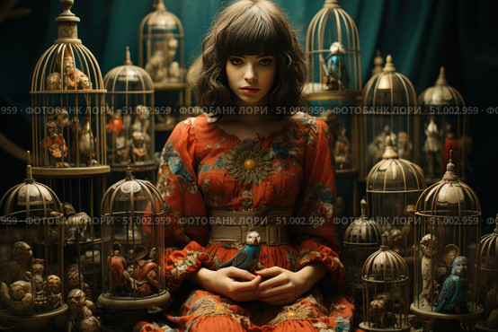 Atmospheric artistic portrait of a young woman in a vintage red dress with a floral pattern. She sits among many decorative cages with doll figurines and fantastic birds. Her gaze is piercing and focused, in her hands is a toy bird with a human face. The composition is made in the style of dark art with elements of surrealism and theatrical production. Ideal for posters, book covers, music albums, steampunk and gothic aesthetics. Стоковое AI-изображение, AI-художник Анна Кривицкая / Фотобанк Лори