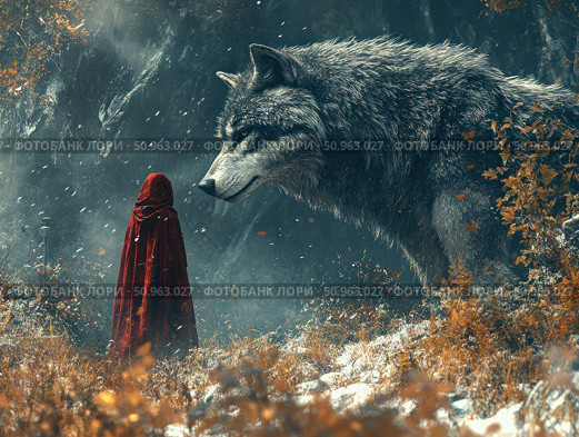 Atmospheric fantasy forest scene: a figure in a red cloak, representing Little Red Riding Hood, stands facing a giant gray wolf. The mystical winter landscape with yellow foliage, falling snow and a dense forest in the background creates a tense and fairytale-like atmosphere. The image is filled with symbolism and is suitable for the themes of fairy tales, myths, fantasy, interaction between man and nature. Стоковое AI-изображение, AI-художник Анна Кривицкая / Фотобанк Лори