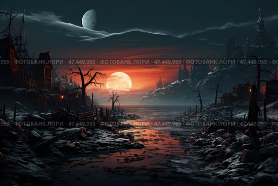 Atmospheric fantasy landscape at sunset or sunrise. A huge moon hangs low on the horizon, bathing the gloomy valley in a crimson-orange light. Above it, a second, pale blue moon is visible in the sky, surrounded by clouds. The whole scene is permeated with an ominous, post-apocalyptic silence. In the foreground is a swampy riverbed, dead trees, the ruins of boats and wooden buildings. On either side are ruined villages and steep mountain slopes covered in snowy frost. The atmosphere is gothic, ominous and cinematic, like a scene from a dark fantasy. Стоковое AI-изображение, AI-художник Анна Кривицкая / Фотобанк Лори