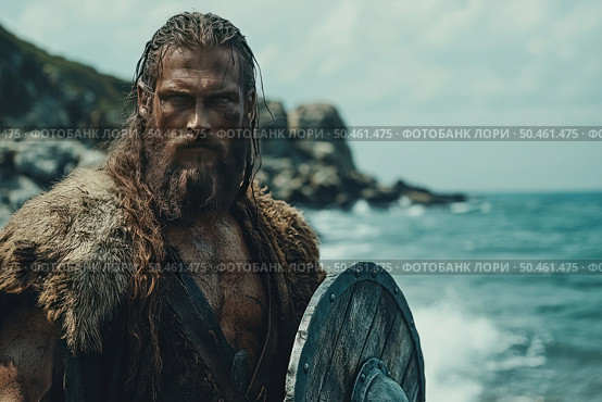 Atmospheric portrait of a Viking against the backdrop of a rugged northern coast. A masculine bearded warrior in furs and leather armor holds a wooden shield, his face covered in dirt and battle marks. His gaze is purposeful and determined, his hair is tousled by the wind. Behind him is a raging sea and a rocky shore, emphasizing the strength and spirit of the warrior. The image is ideal for the themes of history, mythology, fantasy, military affairs, reconstruction and epic narratives. Стоковое AI-изображение, AI-художник Анна Кривицкая / Фотобанк Лори