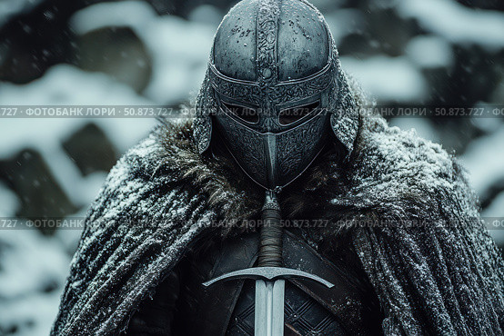 Atmospheric portrait of a warrior in armor against a winter landscape. A man in a medieval carved helmet, with a fur cape and a sword in his hands covered in snow. The image of a Viking, knight or warrior from a fantasy saga. The photo conveys a sense of strength, determination and severity of the northern nature. Ideal for themes: history, fantasy, heroism, battle, legends and epic narratives. Стоковое AI-изображение, AI-художник Анна Кривицкая / Фотобанк Лори