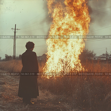 Atmospheric retro photography of a man in a long coat standing in front of a tall column of flame in a dry field. A huge fire engulfs the grass, rising up against a gloomy sky and power lines. The scene is filled with tension, drama and symbolism - fire as purification, destruction or inner transformation. The image evokes strong emotions and can be used in themes of existential visualization, loneliness, memories or conceptual art. Стоковое AI-изображение, AI-художник Анна Кривицкая / Фотобанк Лори
