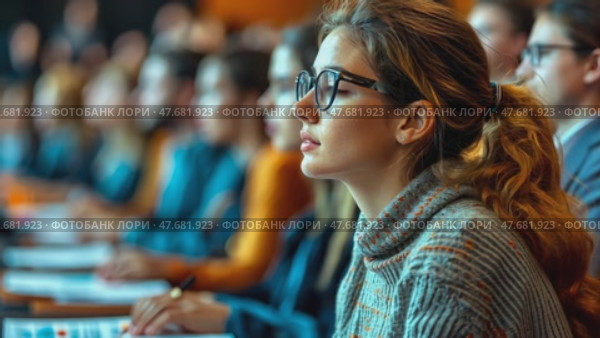 Attentive female student in glasses focuses during a lecture, taking notes in classroom setting. Стоковое AI-видео, аниматор Данила Большаков / Фотобанк Лори