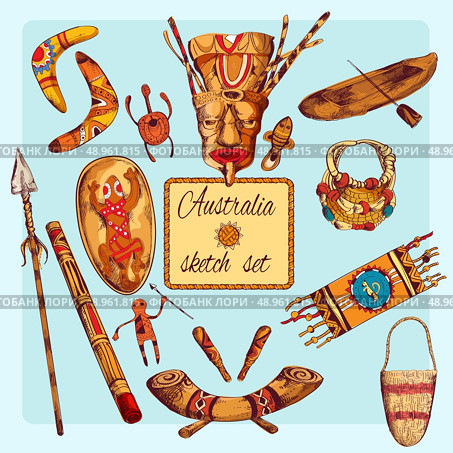 Australia native aboriginals colored sketch decorative icons set isolated vector illustration. Стоковая иллюстрация, агентство Ingram Publishing / Фотобанк Лори