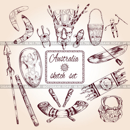 Australia native elements travel sketch decorative icons set isolated vector illustration. Стоковая иллюстрация, агентство Ingram Publishing / Фотобанк Лори