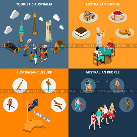 Australia Travel  4 Isometric Icons Square . Australian culture for travelers 4 isometric icons square poster with  guided city tours and cuisine isolated vector illustration . Стоковая иллюстрация, агентство Ingram Publishing / Фотобанк Лори
