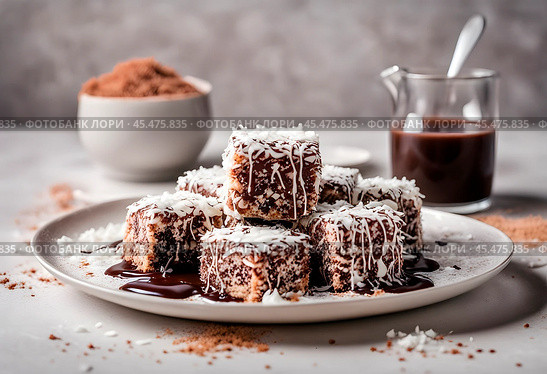 Australian Lamington Sponge Cakes. Стоковое AI-изображение, AI-художник Ирина Старикова / Фотобанк Лори