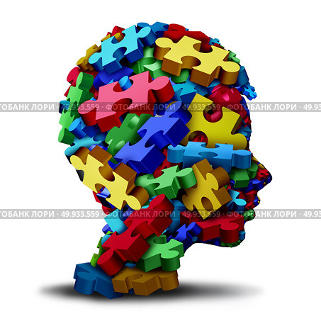 Autism developmental disorder puzzle children symbol as an autistic child awareness icon as jigsaw pieces coming together to form a young student head as a 3D illustration.. Autism developmental Disorder. Стоковое фото, агентство Ingram Publishing / Фотобанк Лори