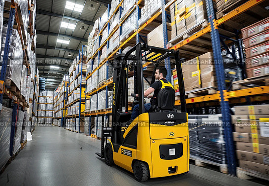 Automated Forklift doing storage in a warehouse managed by machine learning and artificial intelligence automation, robotics applied to industrial logistics. Стоковое AI-изображение, AI-художник Ярославский Максим / Фотобанк Лори