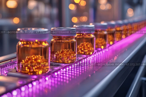 Automated production line with jars of capsules moving along it. Clear plastic containers with orange gel capsules are neatly lined up on a conveyor with purple LED backlighting. Bright lighting and background blur create a technological and sterile atmosphere typical of the pharmaceutical or nutraceutical industry. The image conveys the precision, cleanliness and scale of a modern production process. Стоковое AI-изображение, AI-художник Анна Кривицкая / Фотобанк Лори
