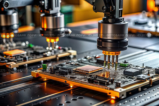 Automated production of electronic devices. Modern robotic manipulators on the assembly line of chips and printed circuit boards at a modern electronics factory. Installing components on the board. Стоковое AI-изображение, AI-художник Photojuli / Фотобанк Лори