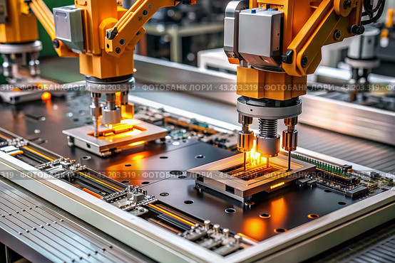 Automated production of electronic devices. Modern robotic manipulators on the assembly line of chips and printed circuit boards at a modern electronics factory. Installing components on the board. Стоковое AI-изображение, AI-художник Photojuli / Фотобанк Лори