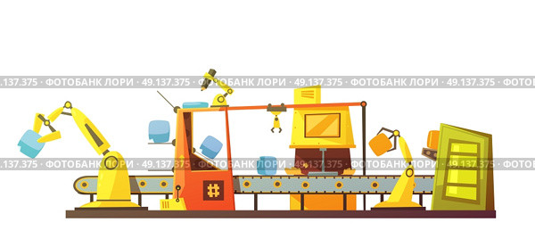 Automatic Stock Line Retro Cartoon Banner. Automatic stock line managing with modern robots technology in retro cartoon style banner print schema vector illustration  . Стоковая иллюстрация, агентство Ingram Publishing / Фотобанк Лори