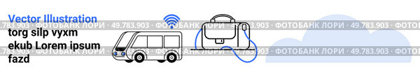 Autonomous bus emitting wireless signal, laptop connected to cloud. Ideal for transportation, smart technology, innovation, connectivity, mobility, digital transformation, futuristic concepts. Autonomous Bus with wireless Connection and Cloud Storage. Стоковая иллюстрация, агентство Ingram Publishing / Фотобанк Лори