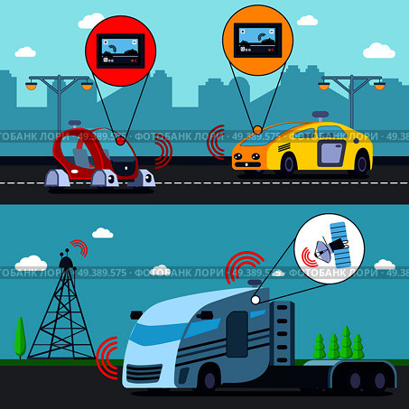 Autonomous driverless vehicles on road 2 flat horizontal banners with gps controlled truck and cars vector illustration  . Autonomous Driverless Vehicles Banners . Стоковая иллюстрация, агентство Ingram Publishing / Фотобанк Лори