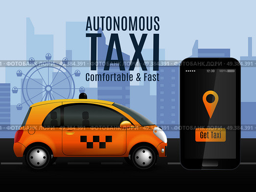 Autonomous taxi composition with realistic images of smartphone app and automatically driven car with urban background vector illustration. Future Taxi Conceptual Background. Стоковая иллюстрация, агентство Ingram Publishing / Фотобанк Лори