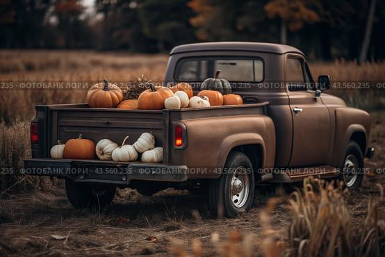 Autumn, autumn design. A large harvest of pumpkins on the back seat of a retro pickup truck, close-up. Стоковое AI-изображение, AI-художник Photojuli / Фотобанк Лори