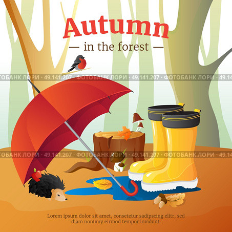 Autumn Forest Elements Composition Poster . Autumn in forest poster with red umbrella wellingtons and hedgehog with trees trunks background cartoon vector illustration         . Стоковая иллюстрация, агентство Ingram Publishing / Фотобанк Лори