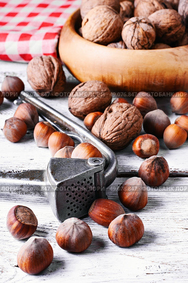 Autumn harvest walnuts and hazelnuts on wooden background. nutcracker with hazelnuts. Стоковое фото, агентство Ingram Publishing / Фотобанк Лори