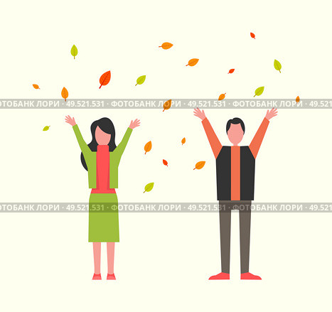 Autumn park joy, people playing with fallen leaves vector. Man and woman having fun, foliage from autumnal trees. Couple throwing frondage outdoors. Autumn Park Joy, People Playing with Fallen Leaves. Стоковая иллюстрация, агентство Ingram Publishing / Фотобанк Лори