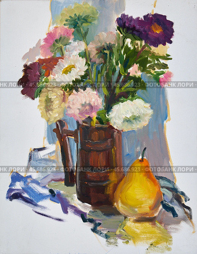 Autumn still life with asters bouquet in a mug. Oil painting on canvas by artist Inna Prityazhnyuk. Стоковая иллюстрация, иллюстратор Сергей Пристяжнюк (Serg Zastavkin) / Фотобанк Лори