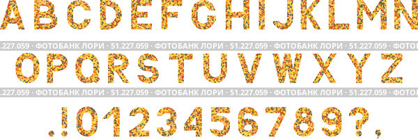 Autumn vector alphabet. Letters A-Z, numbers 0-9 and punctuations made of fallen leaves isolated on white. Sans serif font. Latin uppercase symbols. Стоковая иллюстрация, иллюстратор Вера Федорова / Фотобанк Лори