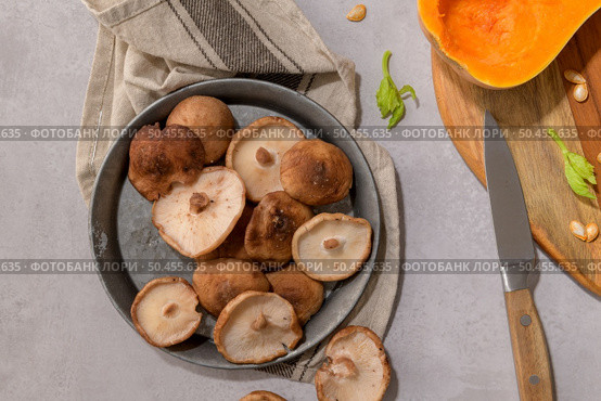Autumn vegetables arranged on a kitchen worktop while preparing a pumpkin soup. Стоковое фото, агентство Ingram Publishing / Фотобанк Лори