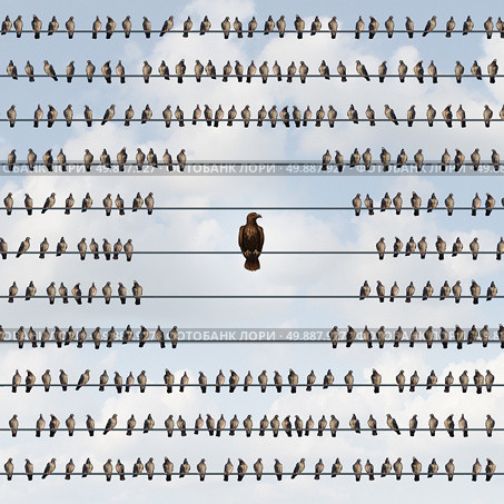 Avoiding risk as a business avoidance concept with a group of birds on a wire staying away from a threatening eagle as a dangerous bird of prey as a metaphor for being vulnerable to impending threats. Стоковое фото, агентство Ingram Publishing / Фотобанк Лори