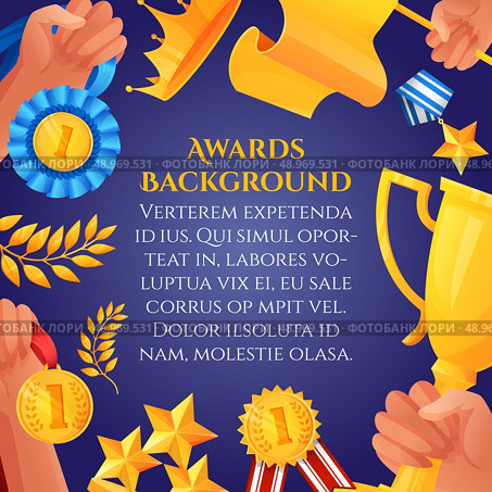 Award and prizes poster with hands holding victory cups and champion medals vector illustration. Стоковая иллюстрация, агентство Ingram Publishing / Фотобанк Лори