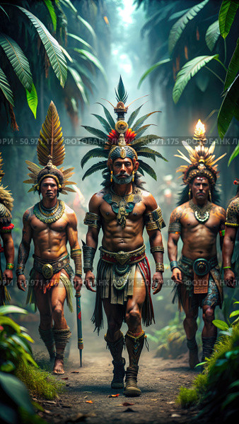 Aztec Priests And Warriors Journey Through The Jungle. Generative AI. Стоковое AI-изображение, AI-художник Roman Zavorotny / Фотобанк Лори